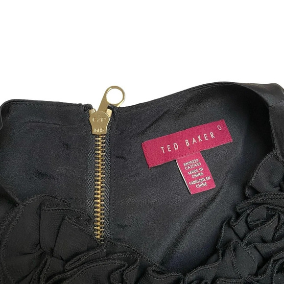 Ted Baker Black Ruffled Satin Mini Dress Shift Cocktail Tunic Style Size 0 - Picture 10 of 11